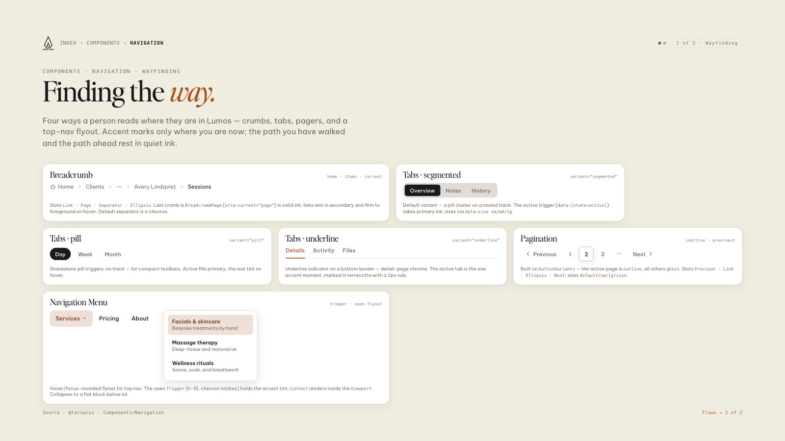 Lumos brand book slide: Navigation · 1 of 2