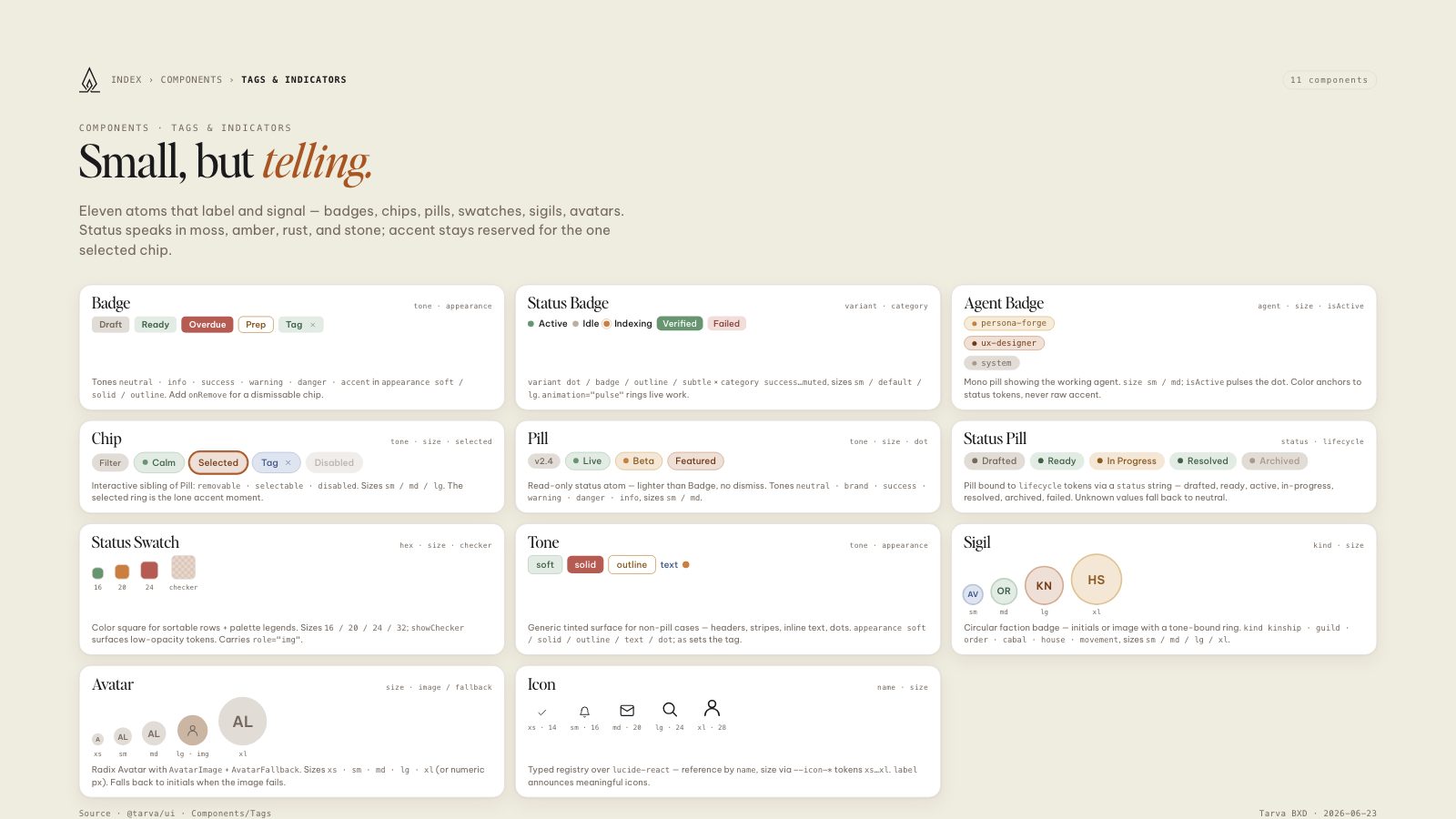 Lumos brand book slide: Tags & Indicators