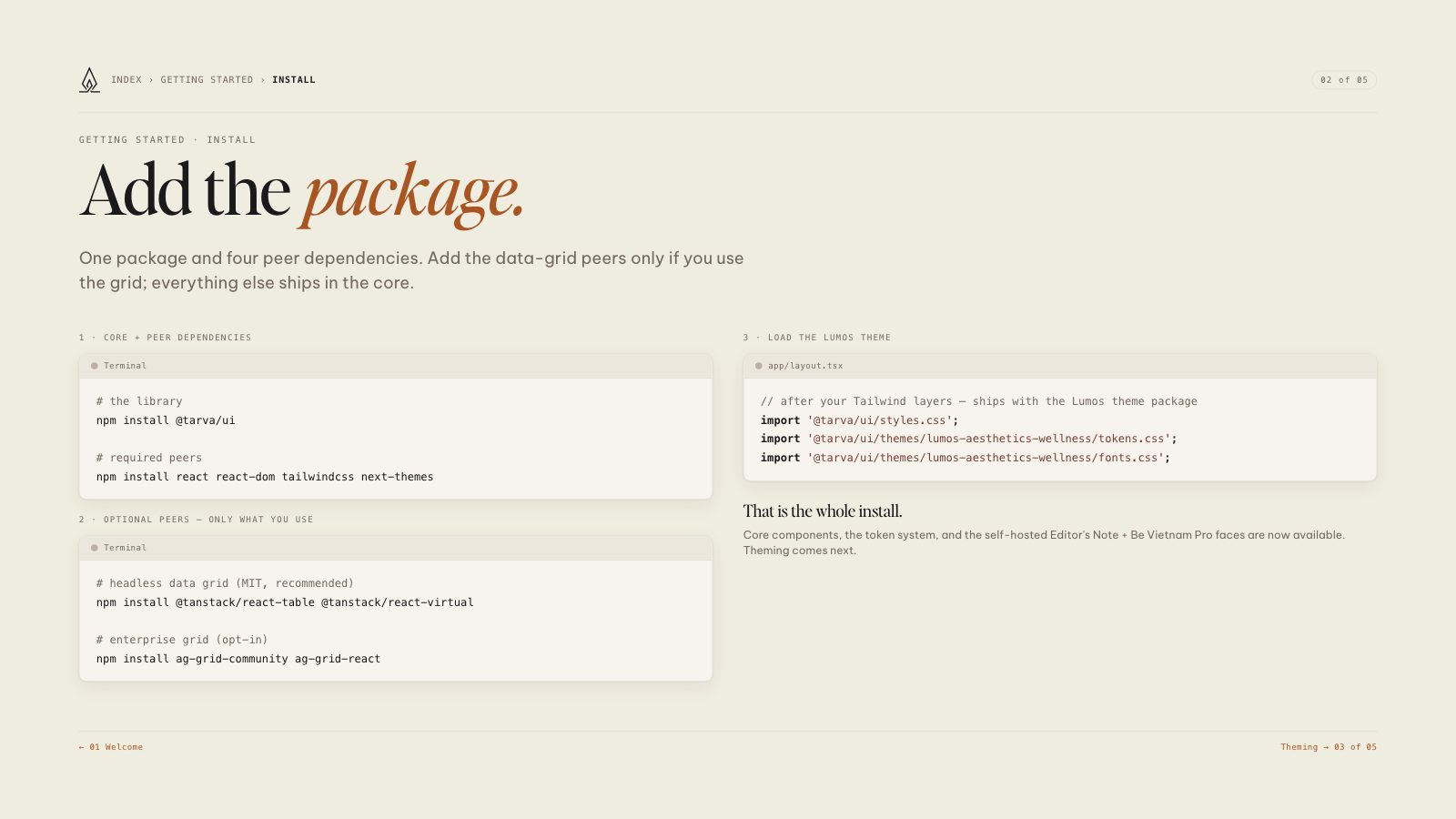 Lumos brand book slide: Install