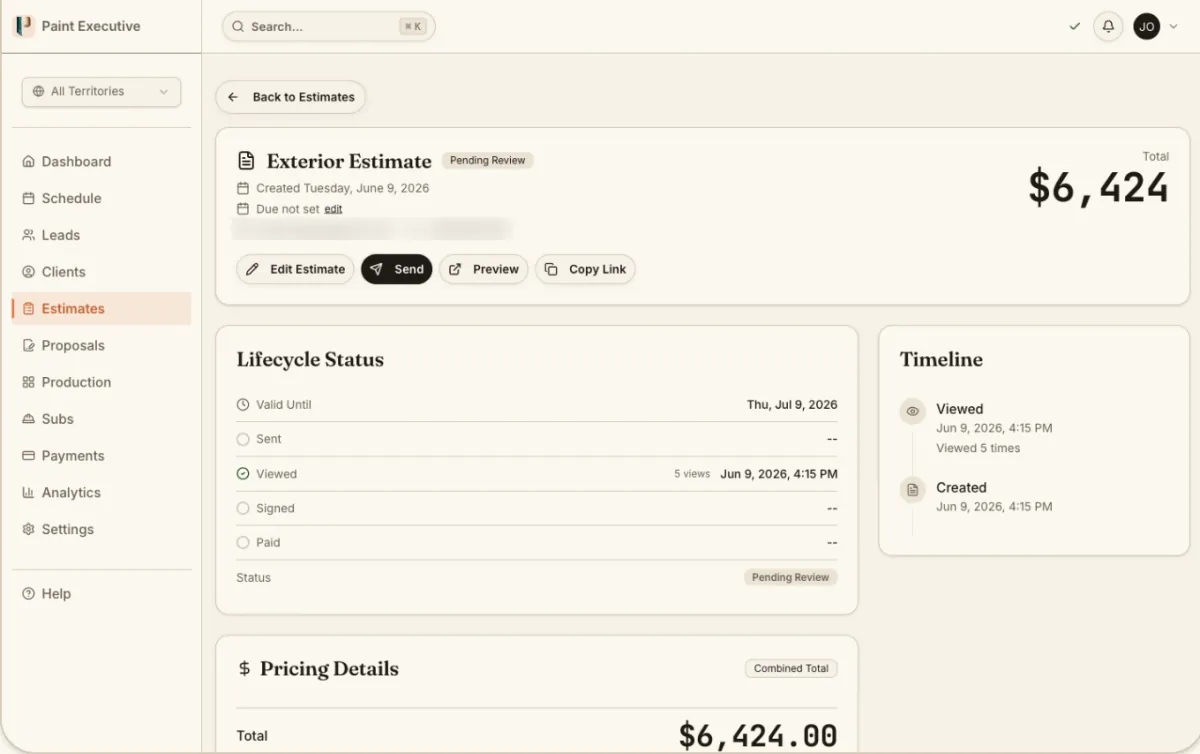 Estimate record, as presented on the public site; the customer contact line is blurred.
