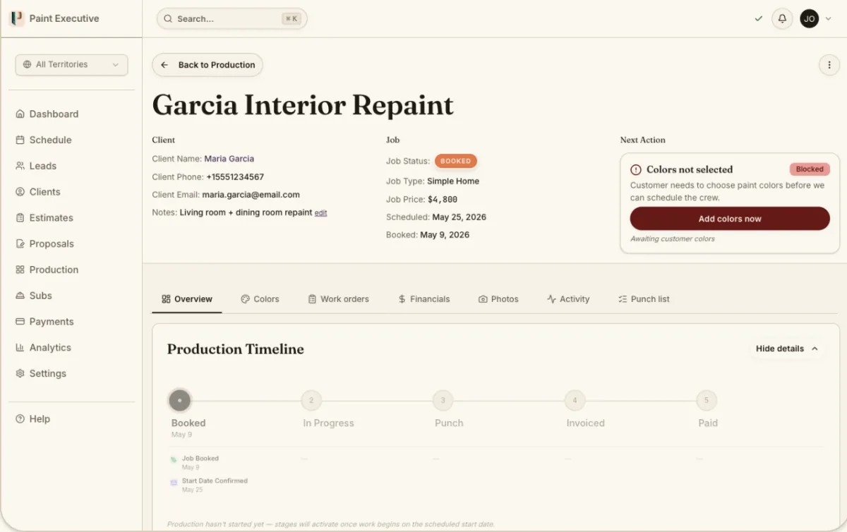 Production: the job record with its production timeline, demo data.